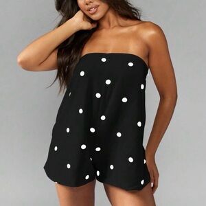 Stylish Strapless Black Romper with White Dots
